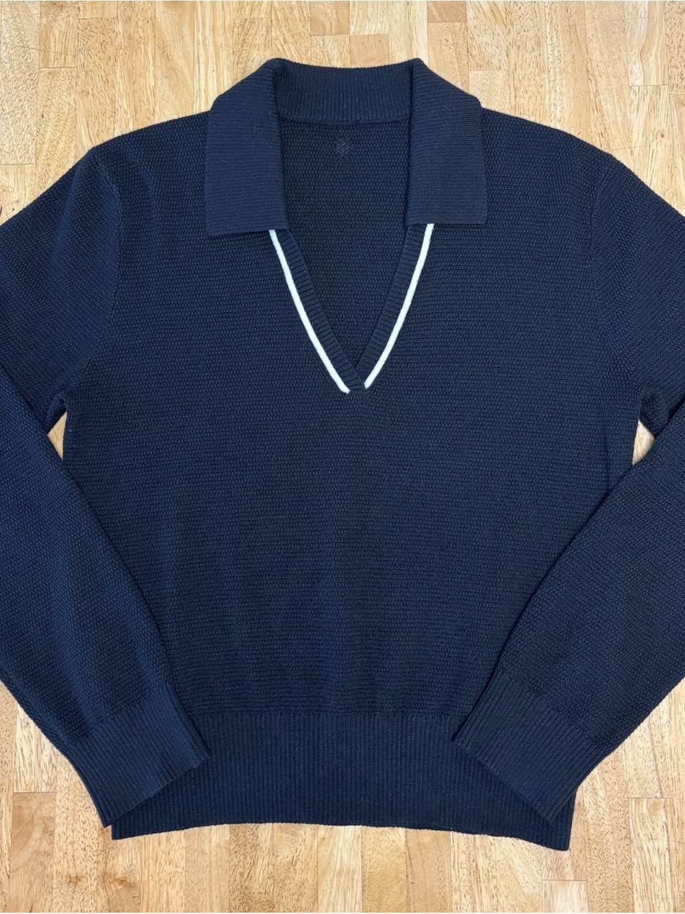 Rhone Birdie Womens Long Sleeve Sweater Polo Black Waffle Knit White Trim S